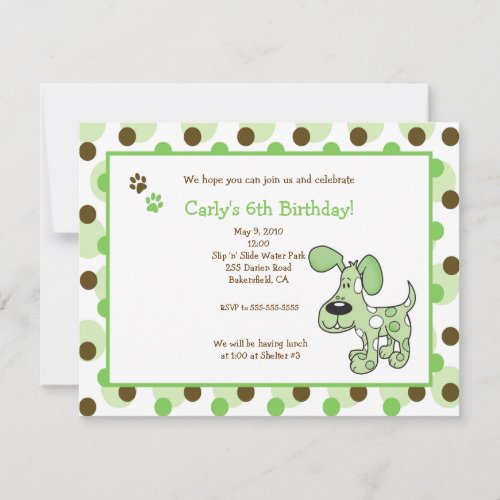 GREEN MOD PUPPY Boy or Girl Birthday Invitations
