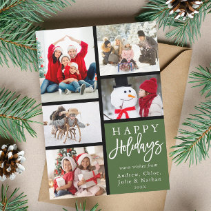 Green Modern 5 Photo Collage Christmas Holiday Card
