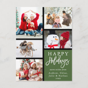 Green Modern 5 Photo Collage Christmas Holiday Postcard