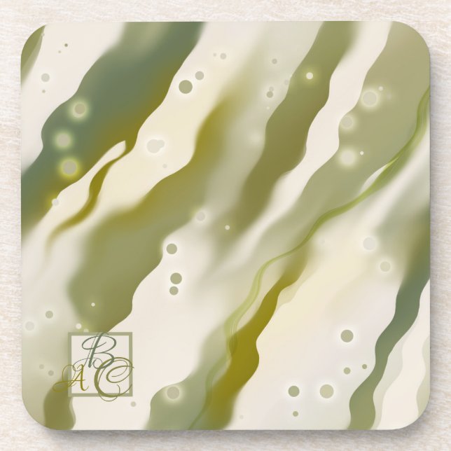 Green Modern Abstract Art Monogram Coaster (Front)