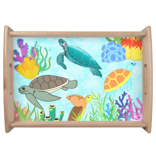 Green Modern Aquatic Ocean Sea Turtles Corals   Serving Tray