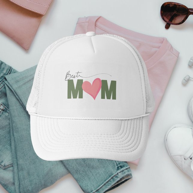 Green Modern Best Mom Pink Heart Mother's Day Trucker Hat (Creator Uploaded)