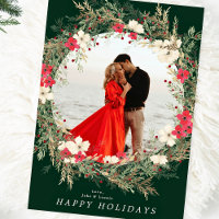 green modern big wreath one photo merry christmas holiday card