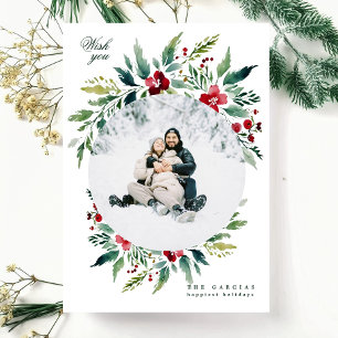 green modern big wreath one photo merry christmas holiday card