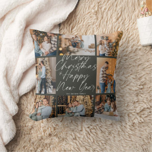 Green Modern Boho 8 Photo Collage Christmas  Throw Pillow