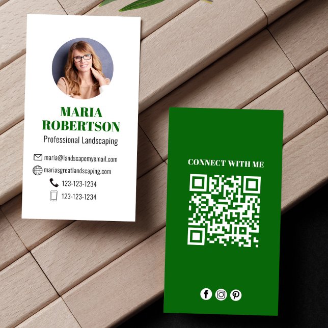 Green Modern Business Photo QR Code Business Card (Minimalist modern simple green business card.)