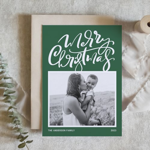 Green Modern Calligraphy Photo Merry Christmas Holiday Card