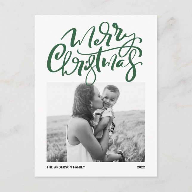 Green Modern Calligraphy Photo Merry Christmas Holiday Postcard (Front)