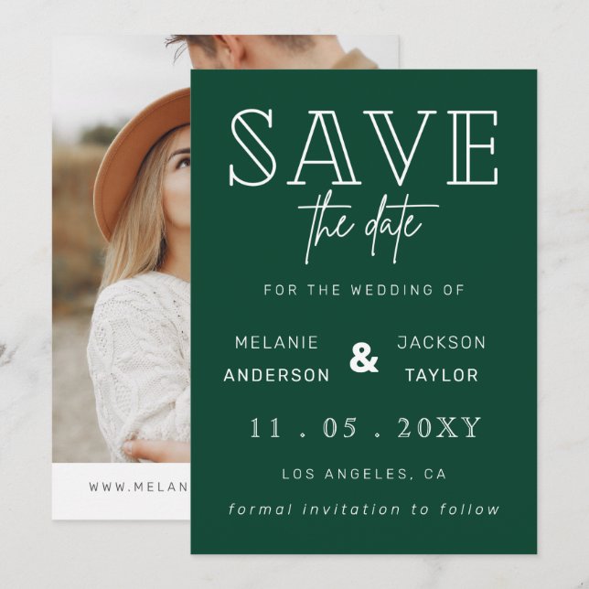 Green Modern Calligraphy Photo Save The Date (Front/Back)