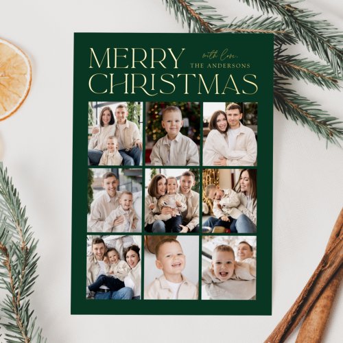 Green Modern Christmas 9 Photo Collage Foil Holiday Card