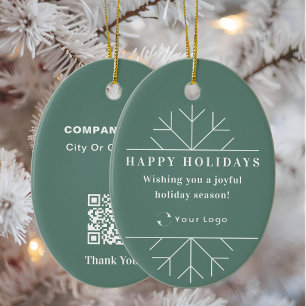 Green Modern Christmas Business Logo QR code Chic Ceramic Ornament