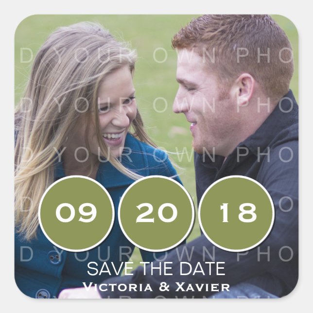 Green Modern Circles Photo Save the Date Stickers (Front)