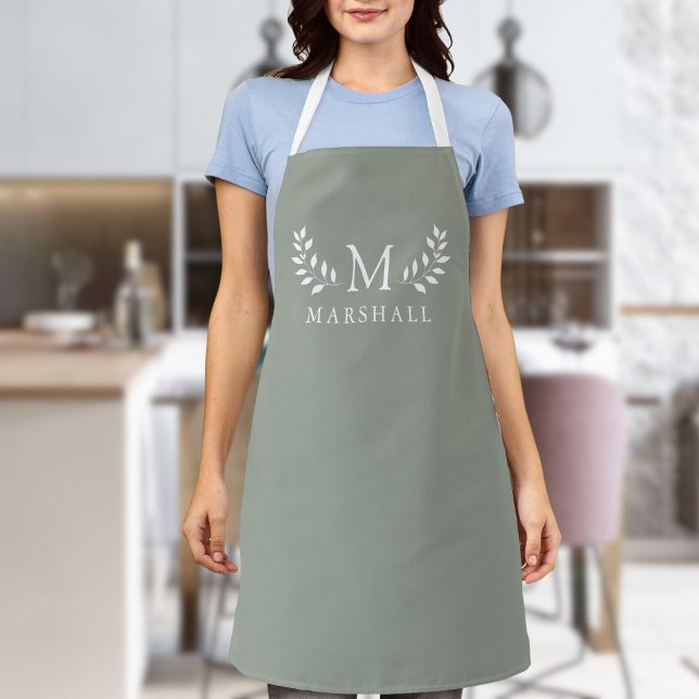 Green Modern Elegant Floral Monogram Name Apron (Green Modern Elegant Floral Monogram Name Apron)