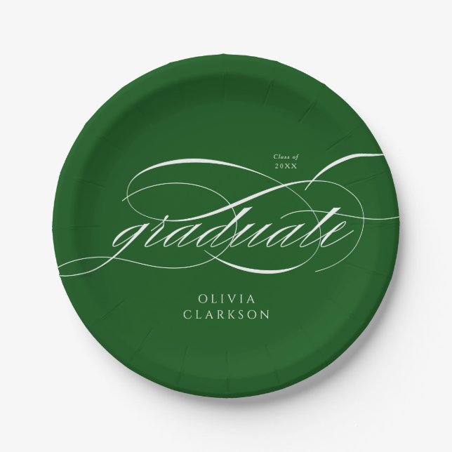 Green Modern Elegant Script Graduation Party Paper Plates (Front)