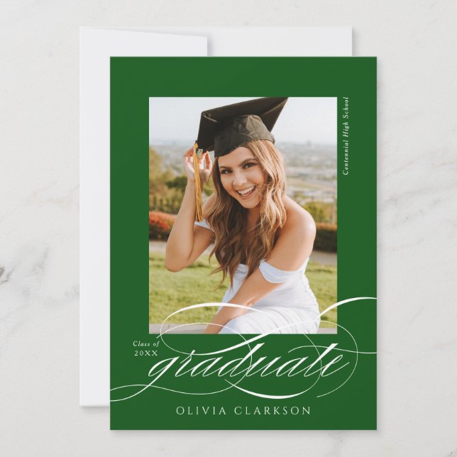 Green Modern Elegant Script Photo Graduation Party Invitation (Front)