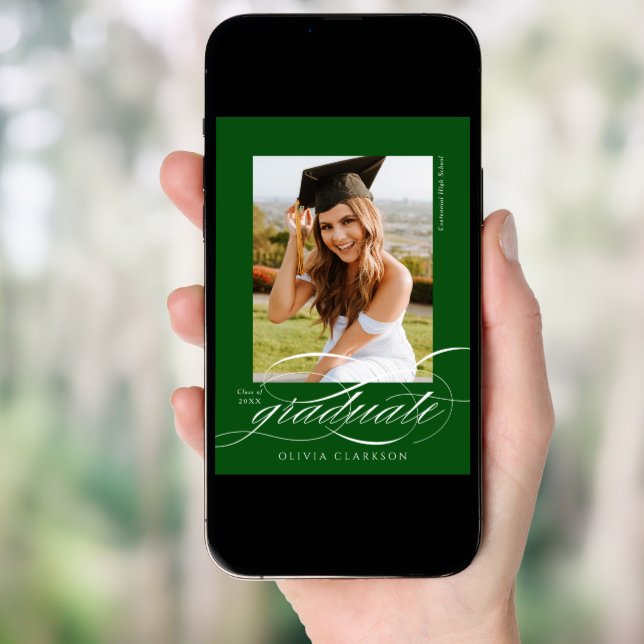 Green Modern Elegant Script Photo Graduation Party Invitation (Front Digital)