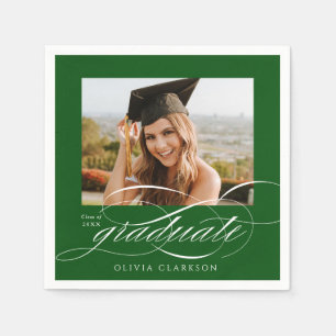 Green Modern Elegant Script Photo Graduation Party Napkins