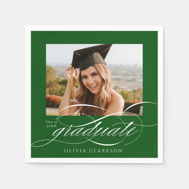 Green Modern Elegant Script Photo Graduation Party Napkins (Front)