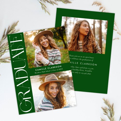 Green Modern Elegant Three Photo Graduation Invitation