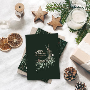 Green modern elegant watercolor botanical rustic foil holiday card