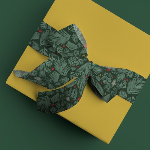 Green Modern Festive Botanical Holiday Satin Ribbon