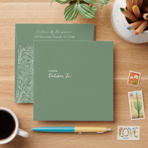 Green Modern Floral Fancy Custom Address Wedding Envelope