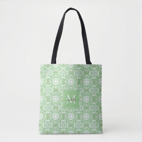 Green Modern Geometrical Batik Pattern Monogram Tote Bag