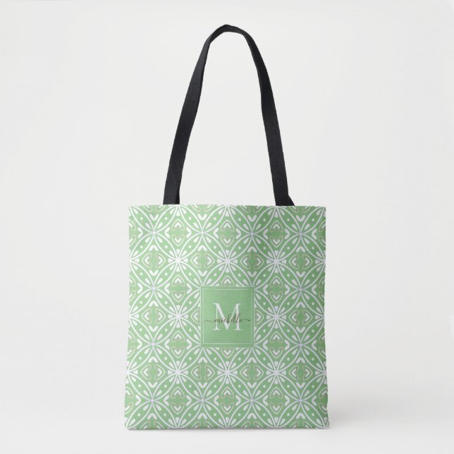 Green Modern Geometrical Batik Pattern Monogram Tote Bag (Front)