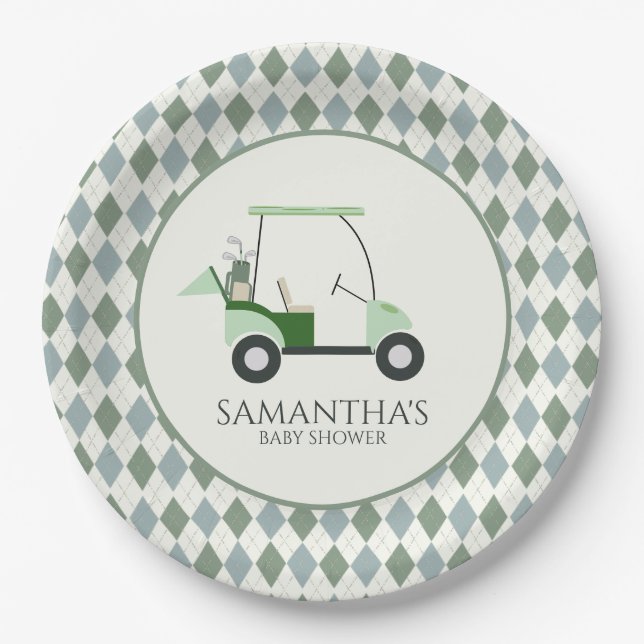 Green Modern Golf Baby Gender Reveal Par-tee Paper Plates (Front)