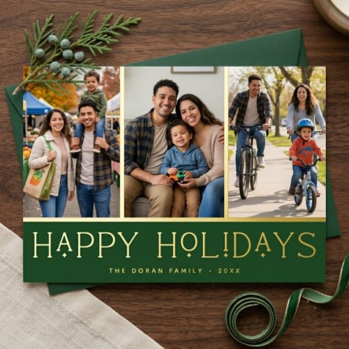 Green Modern Happy Holidays Photo Collage Foil Holiday Card