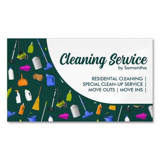Green Modern House Cleaning Service Business Card Magnet (Front)