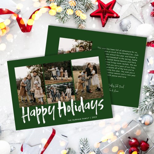 Green Modern Lettering Five Photo Happy Holiday Card