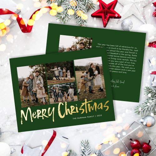 Green Modern Lettering Five Photo Merry Christmas  Foil Holiday Card