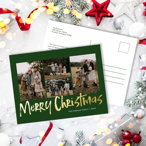 Green Modern Lettering Five Photo Merry Christmas  Foil Holiday Postcard