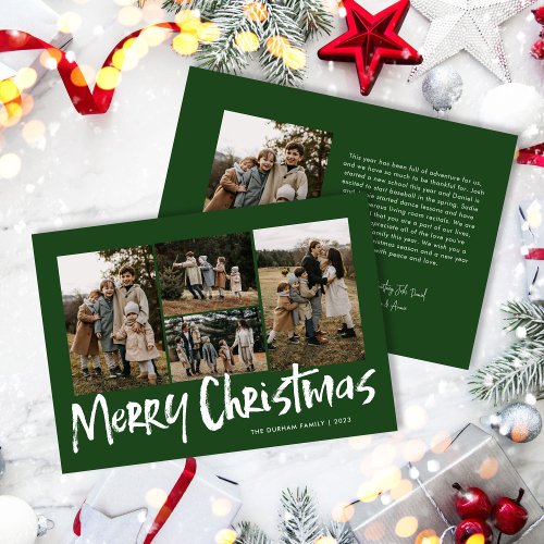 Green Modern Lettering Five Photo Merry Christmas  Holiday Card