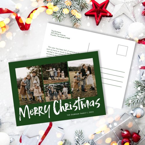 Green Modern Lettering Five Photo Merry Christmas  Holiday Postcard