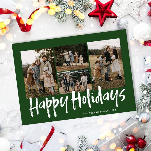 Green Modern Lettering Four Photo Happy Holiday Card