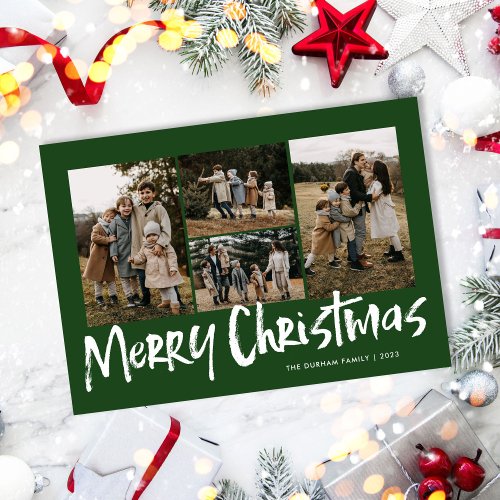 Green Modern Lettering Four Photo Merry Christmas  Holiday Card