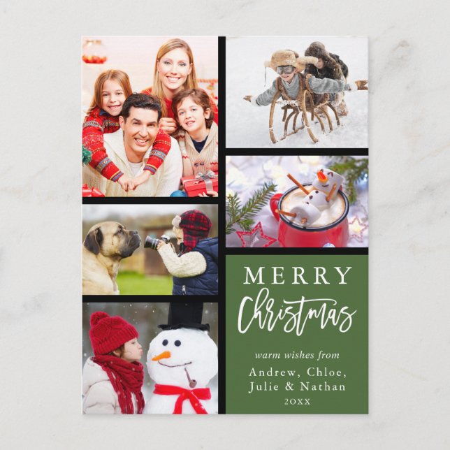 Green Modern Merry Christmas Photo Collage Holiday Postcard (Front)