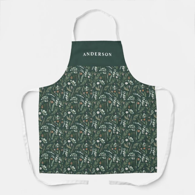 Green modern minimal botanical elegant personalize apron (Front)