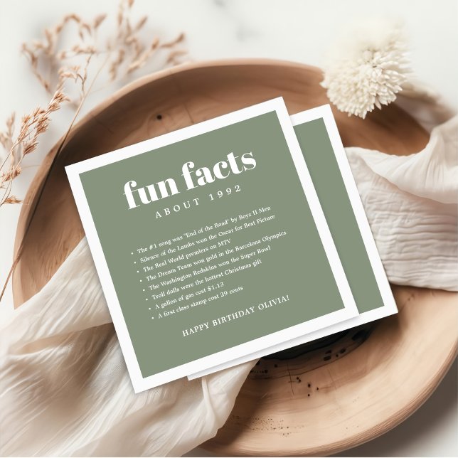 Green Modern Minimal Fun Facts Birthday Year  Napkins (Creator Uploaded)