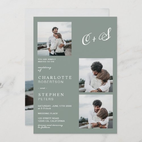 Green modern minimalist initials photo wedding invitation