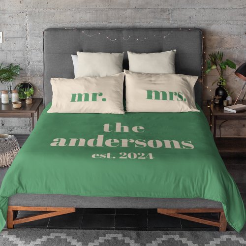 Green modern minimalist mr and mrs Duvet Cover