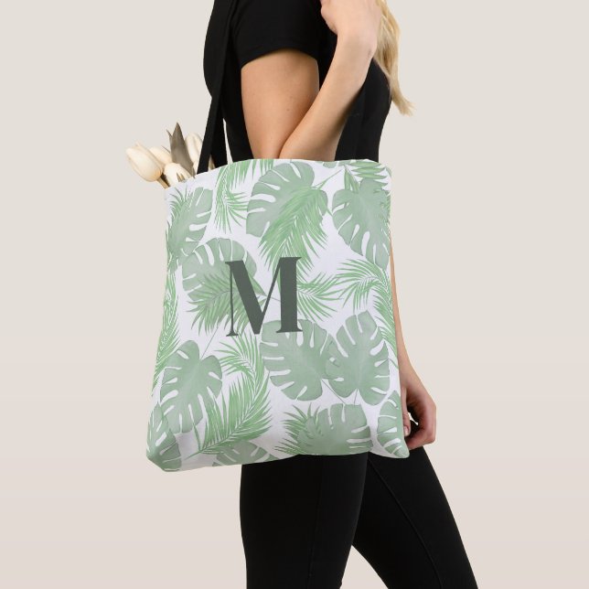 Green Modern Monogram Palm Leaves Custom Tote Bag (Close Up)