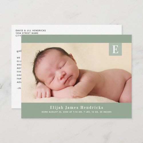 Green Modern Monogram Photo Birth Announcement Postcard