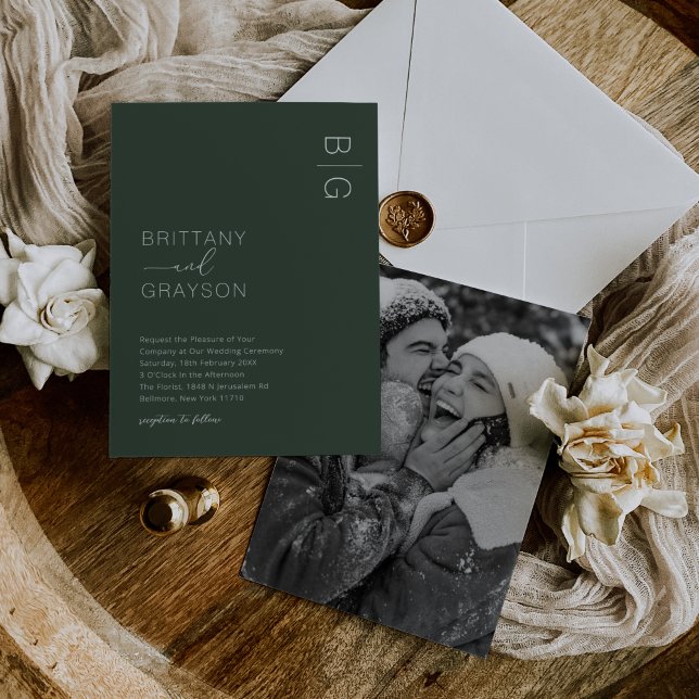Green Modern Monogram Photo Wedding Invitation (Creator Uploaded)