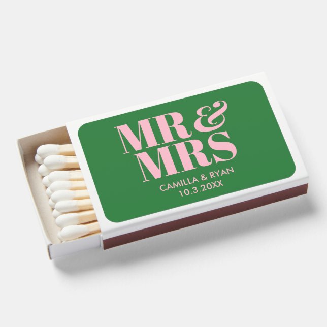 Green Modern Mr & Mrs Personalized Matches Wedding (Front Open)