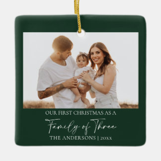 Green Modern Photo First Christmas Family of Three Ceramic Ornament