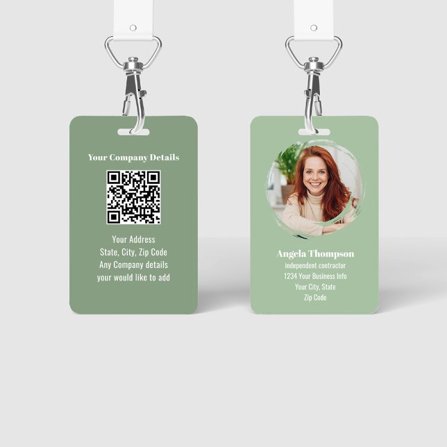 Green Modern Photo QR Code Employee Badge (Green business ID Badge with photo template and QR code.)