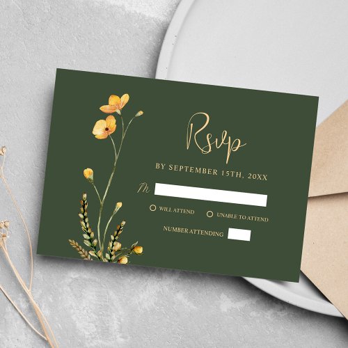 Green Modern Rustic Minimalist Wildflower Wedding RSVP Card